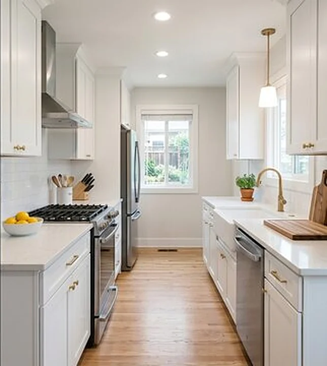 After: bright galley kitchen with white shaker cabinets, quartz counters and oak floors