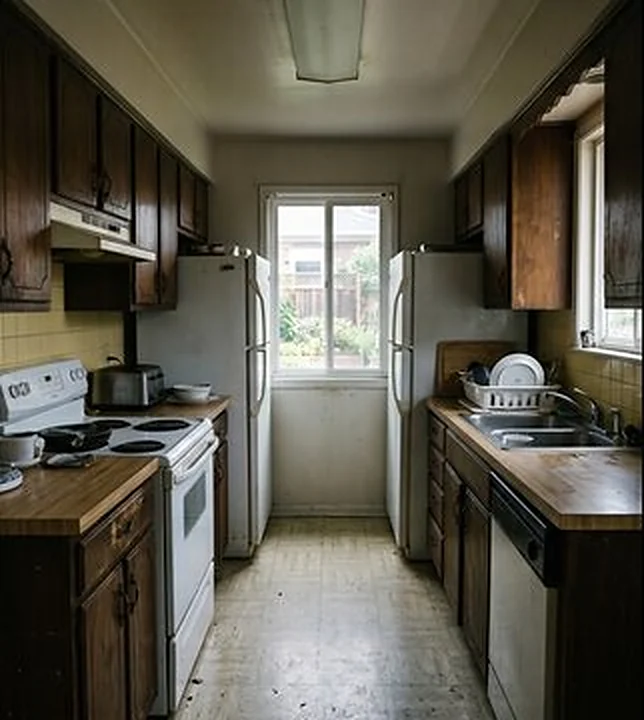 Before: tired galley kitchen with dark cabinets and an old range