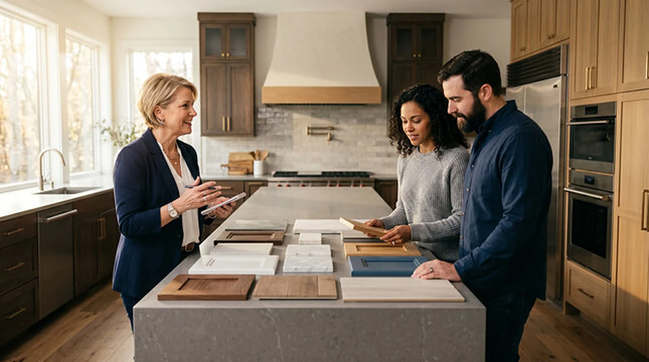 Designer reviewing stone, cabinet and tile samples with a couple at their kitchen island