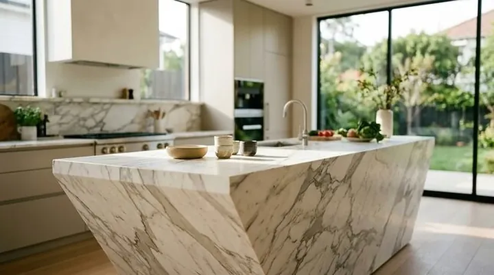 Calacatta marble waterfall island in a sunlit kitchen
