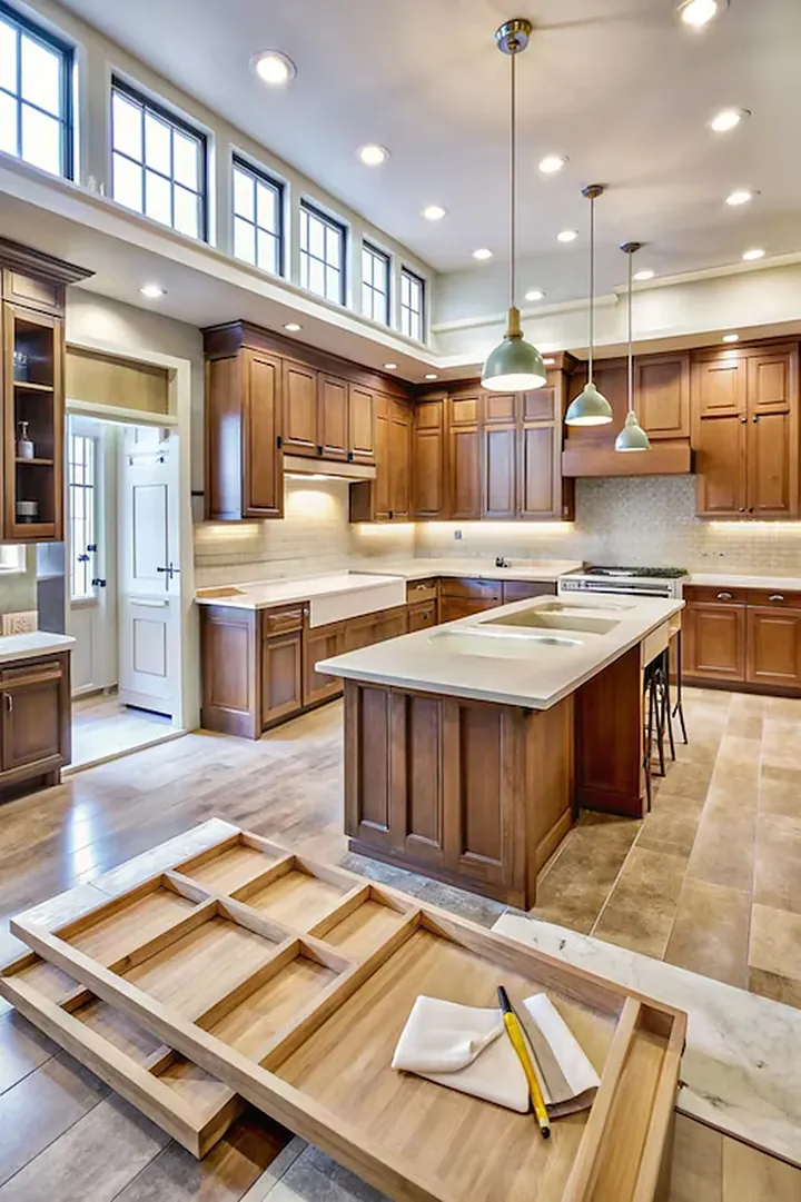 Cherry cabinetry with clerestory windows