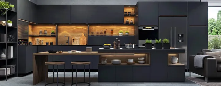 Navy and walnut kitchen with backlit shelving