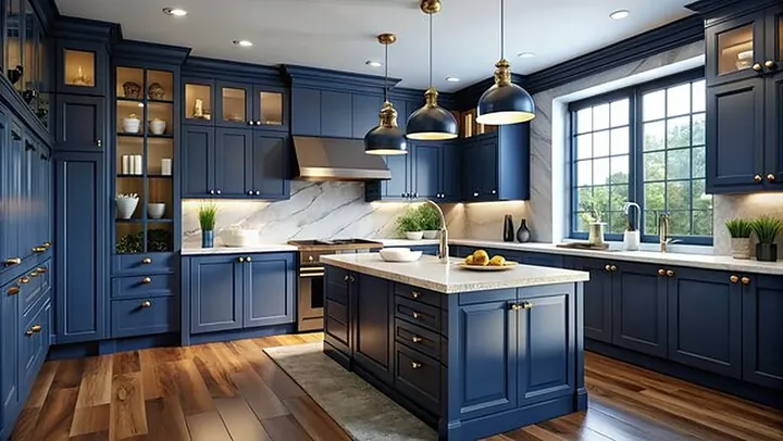 Navy cabinets with marble backsplash